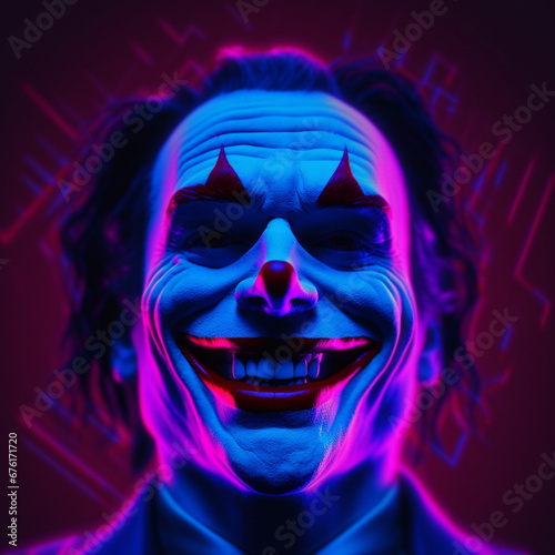 Neon Clown Face: Vibrant Pink and Blue Lights Artwork Created with generative AI tools.