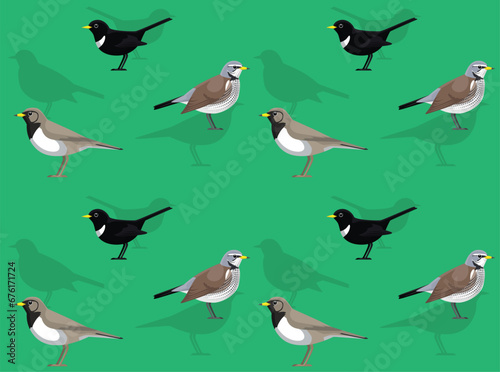 Bird Ring Ouzal Fieldfare Thrush Cartoon Cute Seamless Wallpaper Background