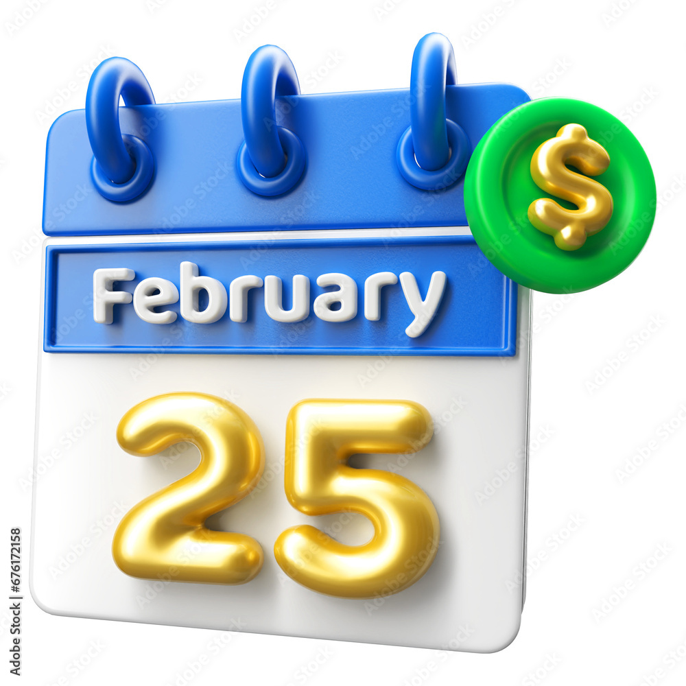 25th February Calendar 3D Render With Dollar Symbol 25th February Calendar 3D Render With Dollar Symbol