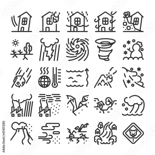 自然災害 公害 異常気象 アイコン セット