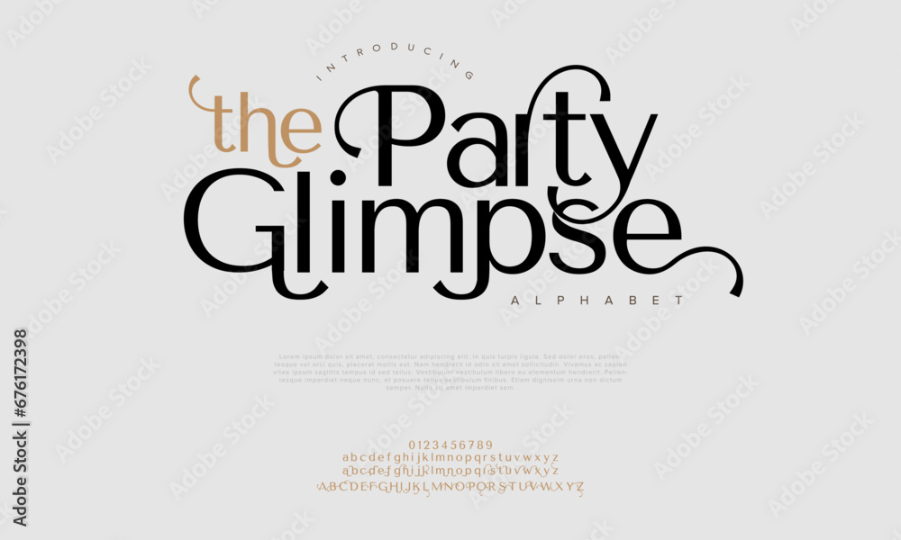 Thepartyglimpse  premium luxury elegant alphabet letters and numbers. Elegant wedding typography classic serif font decorative vintage retro. Creative vector illustration