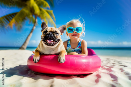 A girl and a french bulldog sitting in rubber dinghy on a Caribbean beach © EKH-Pictures