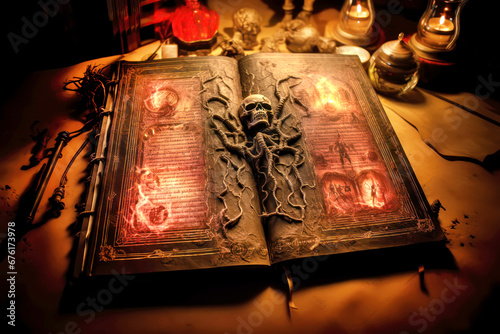 NECRONOMICON, a book of mysteries and rituals from the darkest days of mankind, long forgotten formulas used to conjure up incredible things, creatures and monsters. photo