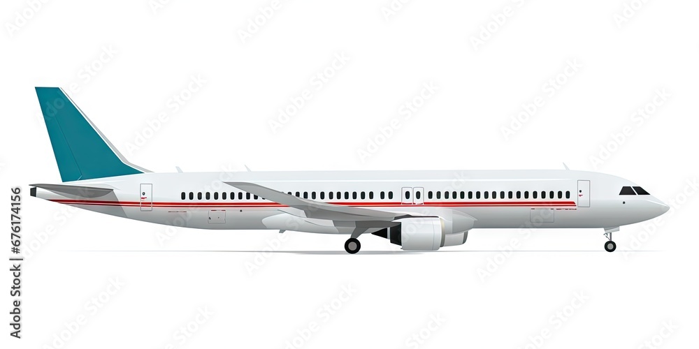 Modern aircraft travel in clear sky. Commercial plane in flight. Flying high. Isolated airplane on white background. Modern skyline. Aerodynamic elegance. Clear cut aircraft