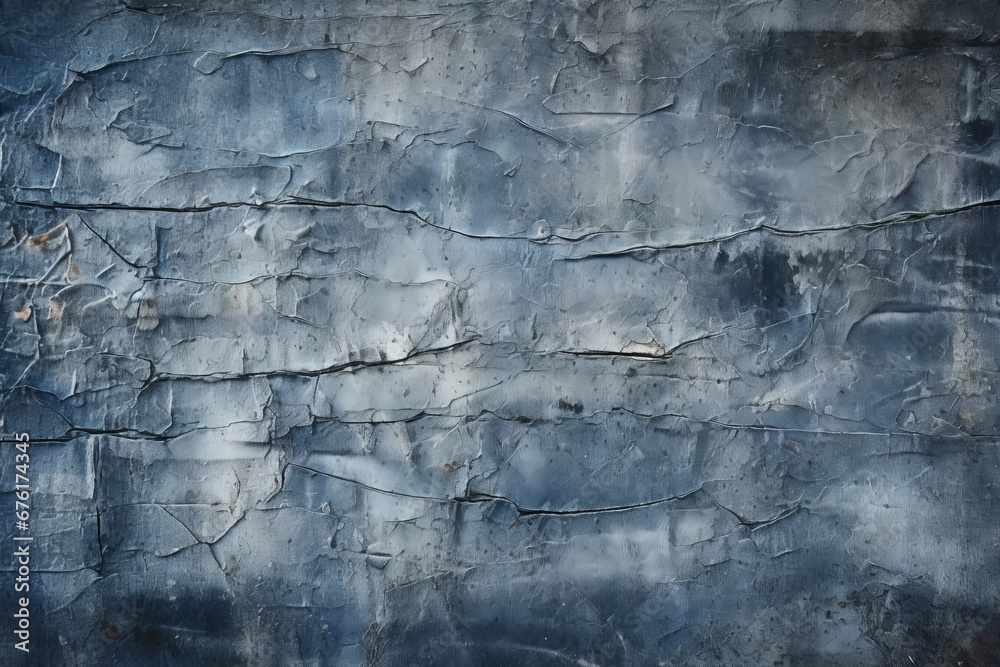 Stone washed, distressed denim fabric, closeup of surface material texture