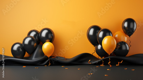 Black Friday sale background with glossy balloons on a dark scene. Discount or sale marketing advertisement for poster, Ads, web banner, flyers, social and fashion ads, brochure. Generative AI photo