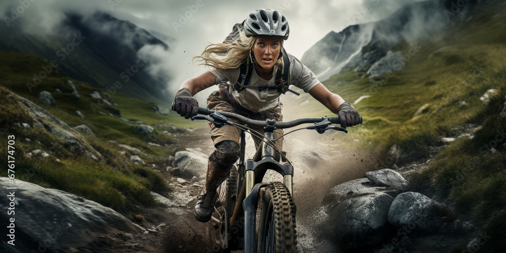 Naklejka premium A daring woman embarks on a mountain trail adventure with her reliable mountain bike, embracing the thrill of the outdoors.