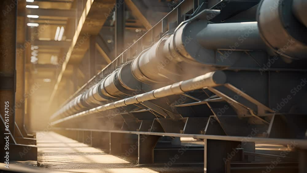 A closeup shot of a sophisticated ash handling system within the plant. The system integrates conveyor belts, magnetic separators, and dust collectors to efficiently remove and treat the A closeup shot of a sophisticated ash handling system within the plant. The system integrates conveyor belts, magnetic separators, and dust collectors to efficiently remove and treat the
