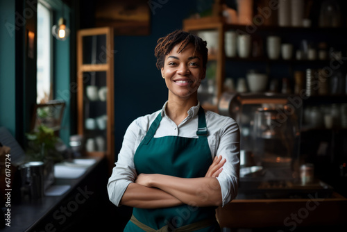 A joyful woman in an apron exudes consumer culture with rich dark emerald and navy tones, blending masculine and feminine elements in a timeless high-definition photograph.