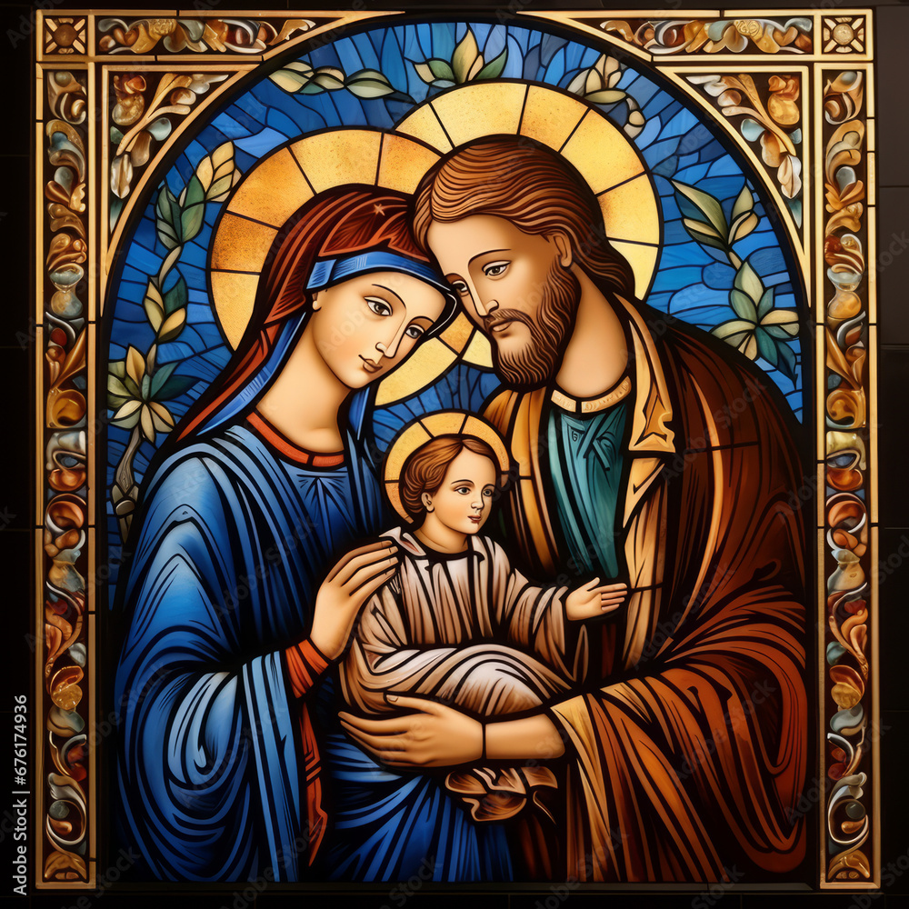 The Holy Family portrayed with Mary, Jesus, and Giuse in an iconographic style, featuring motifs that evoke spiritual significance.