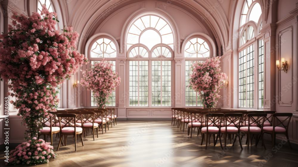 A white wedding ceremony room adorned with an archway, pink plants, and white flowers in 3D, bathed in sunrays that add a radiant touch to this enchanting setting.
