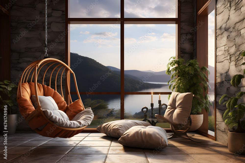 Modern living room with hanging chairs, open window and view, in the style of sunrays shine upon it warm tones - obrazy, fototapety, plakaty 