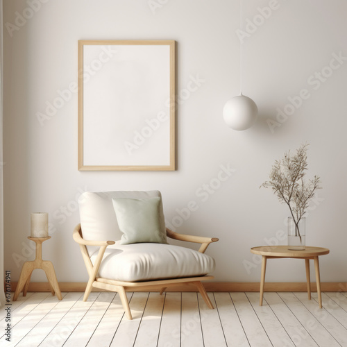 A white picture frame with a gray border enhances a modern living room with a gray sofa, wooden coffee table, and plants, creating a stylish and inviting atmosphere.