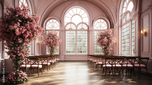 A white wedding ceremony room adorned with an archway  pink plants  and white flowers in 3D  bathed in sunrays that add a radiant touch to this enchanting setting.