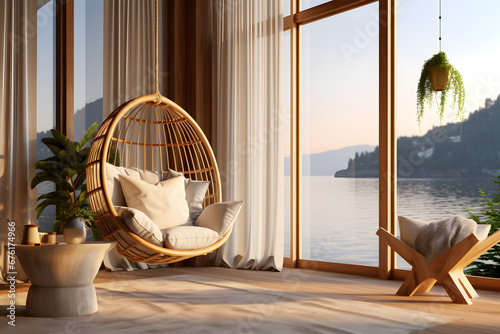 Modern living room with hanging chairs, open window and view, in the style of sunrays shine upon it warm tones photo