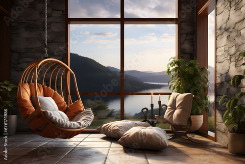 Modern living room with hanging chairs, open window and view, in the style of sunrays shine upon it warm tones