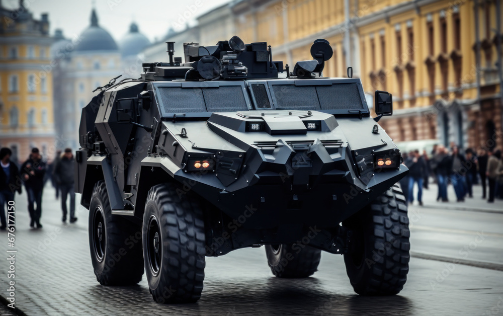 Armored military vehicle patrolling a city street, a show of strength and security.