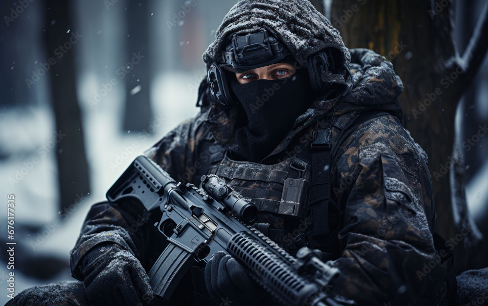 Armed soldier in winter camouflage gear with firearm ready in snowy terrain