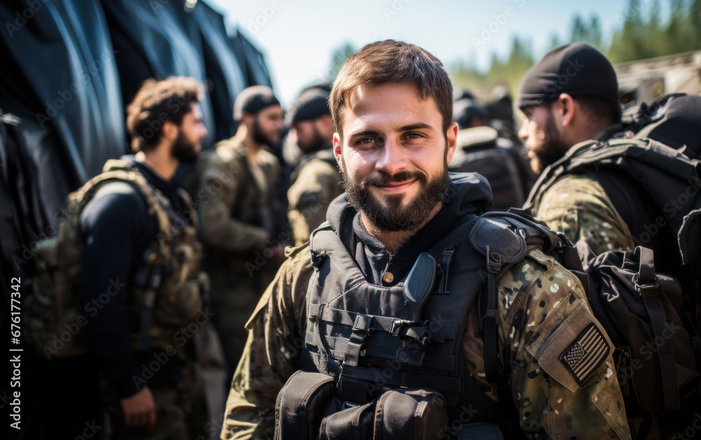 Smiling soldier in camouflage with squad in the background, ready for duty. Smiling soldier in camouflage with squad in the background, ready for duty.