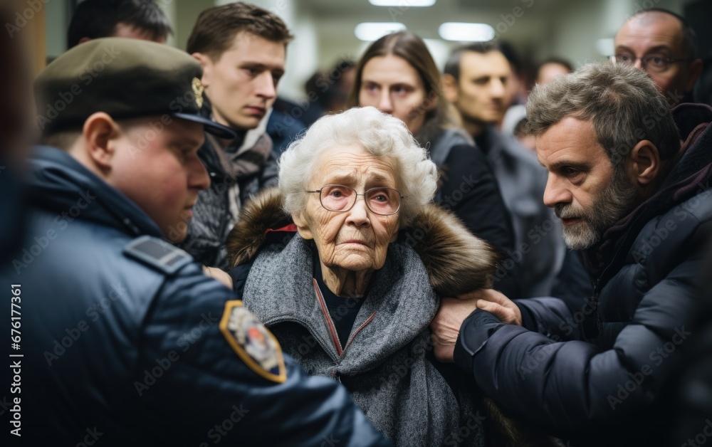 Fototapeta premium Elderly woman with glasses and fur collar receives help in a busy indoor setting, surrounded by concerned individuals.