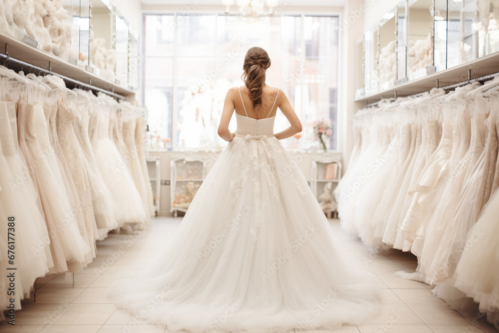 The back view portrait of an attractive woman choosing and trying on a new exquisite wedding bridal dress at a wedding clothing studio and store. Generative AI.