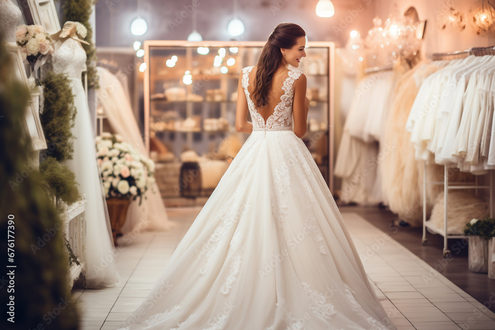 The back view portrait of an attractive woman choosing and trying on a new exquisite wedding bridal dress at a wedding clothing studio and store. Generative AI. The back view portrait of an attractive woman choosing and trying on a new exquisite wedding bridal dress at a wedding clothing studio and store. Generative AI.