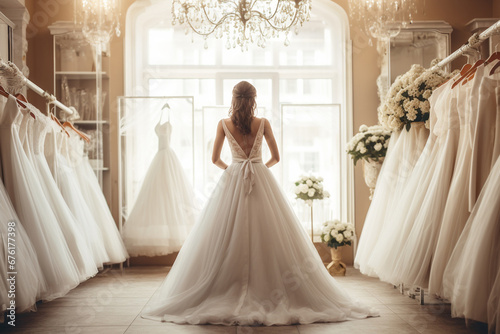 The back view portrait of an attractive woman choosing and trying on a new exquisite wedding bridal dress at a wedding clothing studio and store. Generative AI.