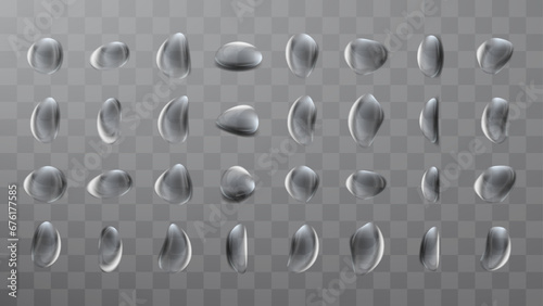 Vector realistic set of liquid waterdrop and droplet with different shapes. Realistic condensation water tears. Closeup abstract fresh waterdrops and droplet on transparent background. Vector.