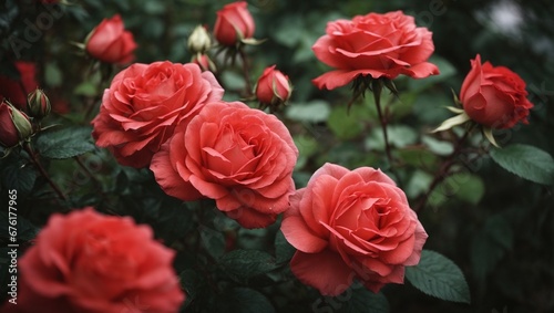 a bunch of red roses blooming in a garden  © noah