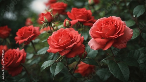 a bunch of red roses blooming in a garden 