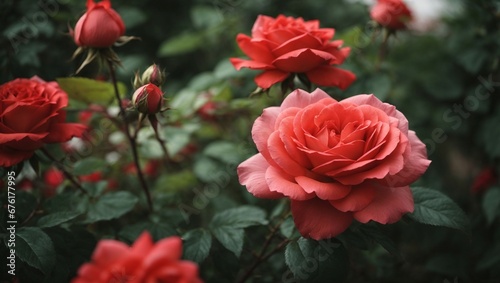 a bunch of red roses blooming in a garden 