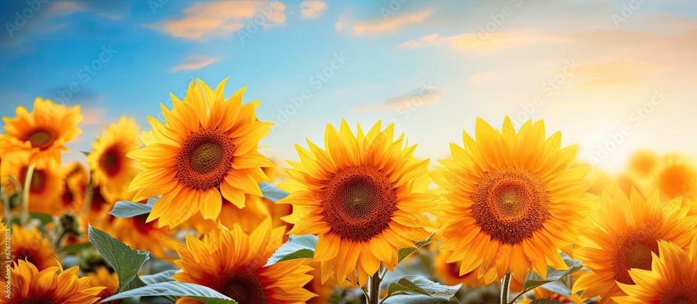 Obraz premium The sunny sky and beautiful nature set the perfect background for the vibrant yellow sunflowers to bloom adding a touch of elegance to the scenery