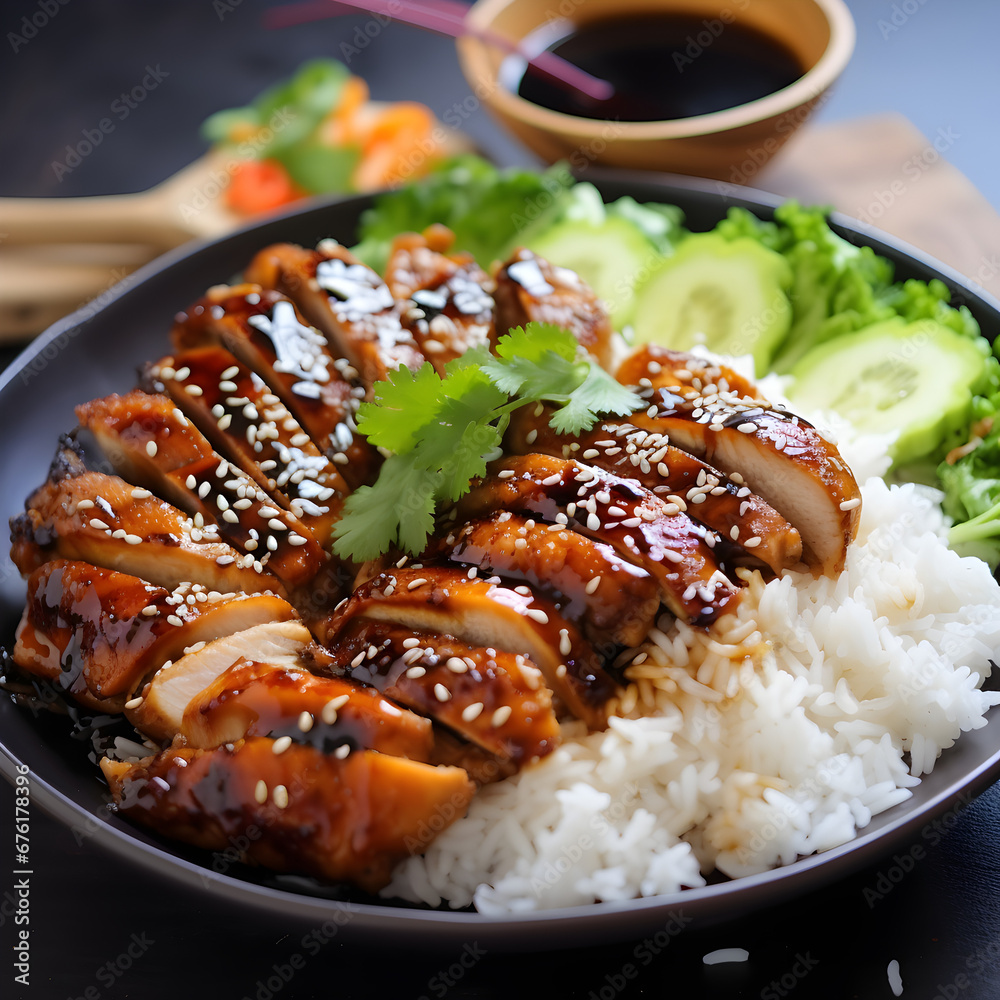 Teriyaki chicken with white rice. Generative ai