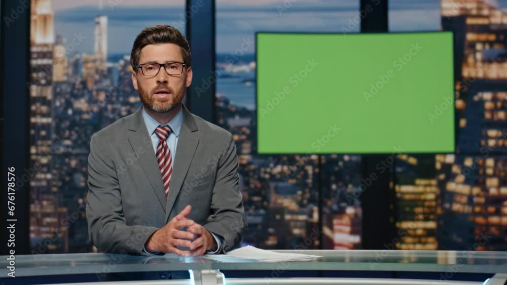 Broadcast presenter reporting daily news at television channel with green screen