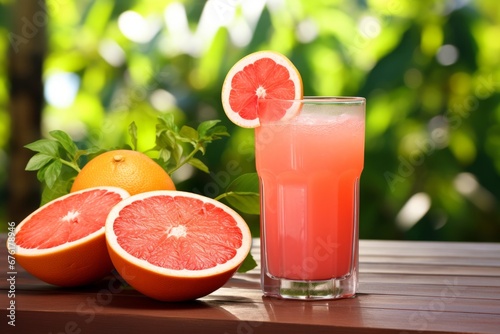A healthful glass of freshly pressed grapefruit juice with a citrus garnish on a country-style table under the summer sun