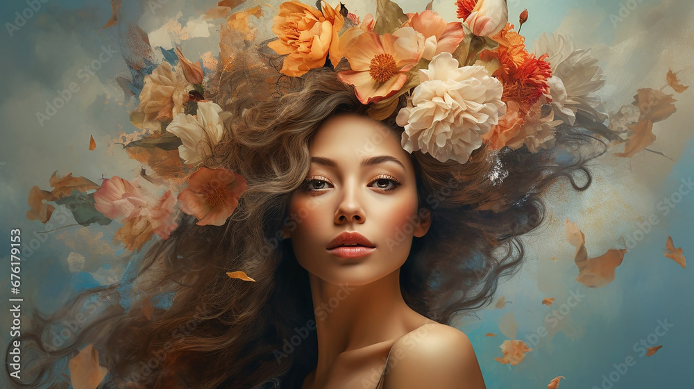 generative AI 3d portrait of beautiful woman on blooming flower generative AI 3d portrait of beautiful woman on blooming flower