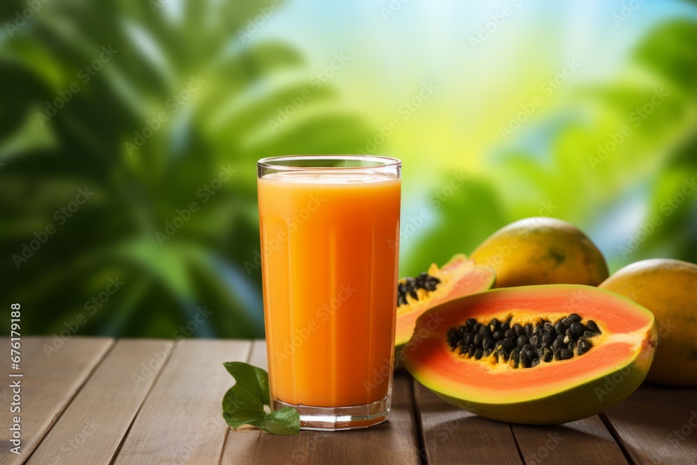 Fototapeta premium A Healthy Start to the Day with a Glass of Freshly Made Papaya Juice on a Wooden Table in Warm Morning Sunlight