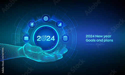 Fototapeta Naklejka Na Ścianę i Meble -  2024 New year Goals and plans icon in wireframe hand. Business plan and strategies. Goal acheiveement and success in 2024. Resolutions, plan, action, checklist concept. Vector illustration.