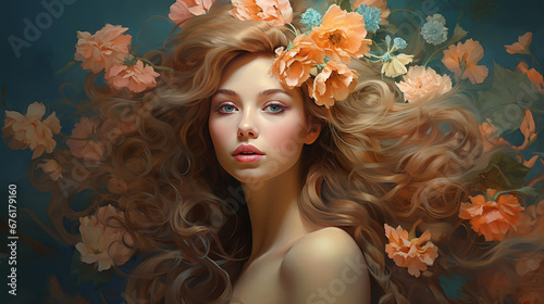 generative AI 3d portrait of beautiful woman on blooming flower