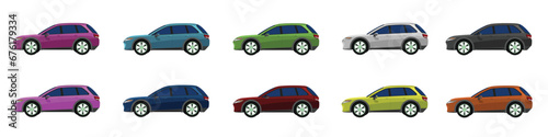 Vector or Illustrator of hatchback cars colorful collection. Design of electric vehicles car. Colorful cars with separate layers. On isolated white background.