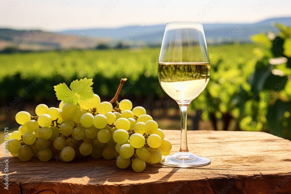 Experience the taste of summer with a glass of Pinot Blanc on a rustic table in a scenic vineyard