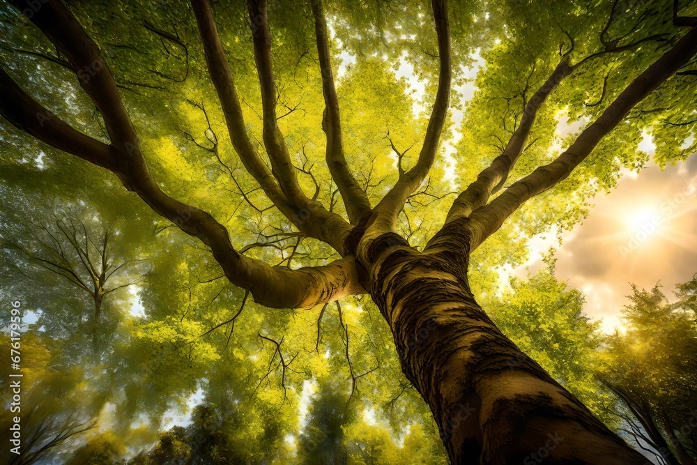 View of a tree in strong sunlight looking up its trunk into its leaves ...