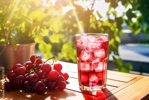 Quench Your Thirst with a Chilled Glass of Grape Iced Tea Amidst Fresh Grapes and Warm Sunlight