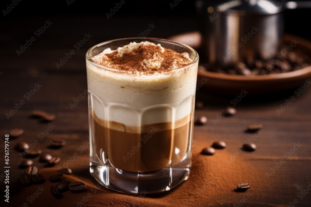 An enticing close-up capture of a frothy Tiramisu Latte on a vintage wooden surface An enticing close-up capture of a frothy Tiramisu Latte on a vintage wooden surface