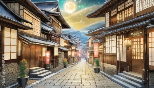 江戸時代の日本の街並み、星空、月の夜 photo