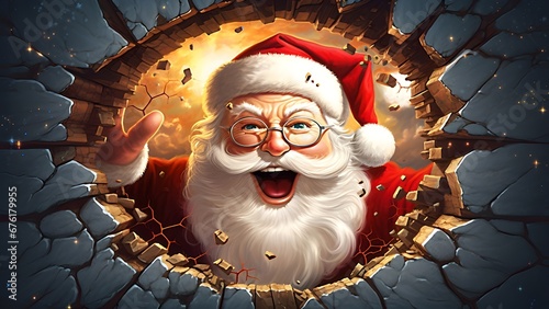 Der Weihnachtsmann bricht durch die Wand / Lustiges 3D Weihnachtsmann Wallpaper / 16:9 Frame TV Art / Breitbild Poster Weihnachten / Ki-Ai generiert photo