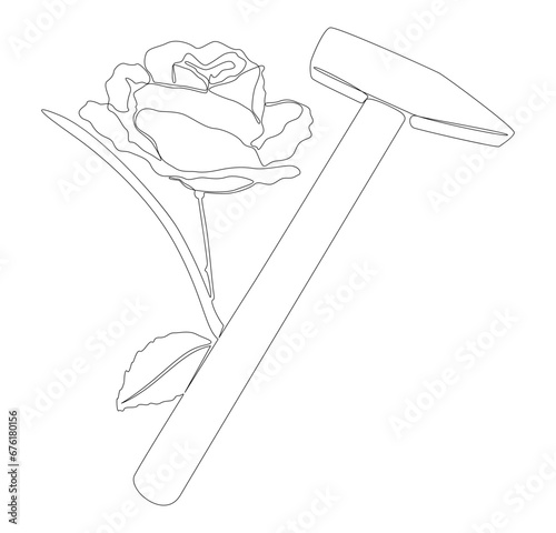 One continuous line of hammer and rose. Thin Line Illustration vector concept. Contour Drawing Creative ideas.
