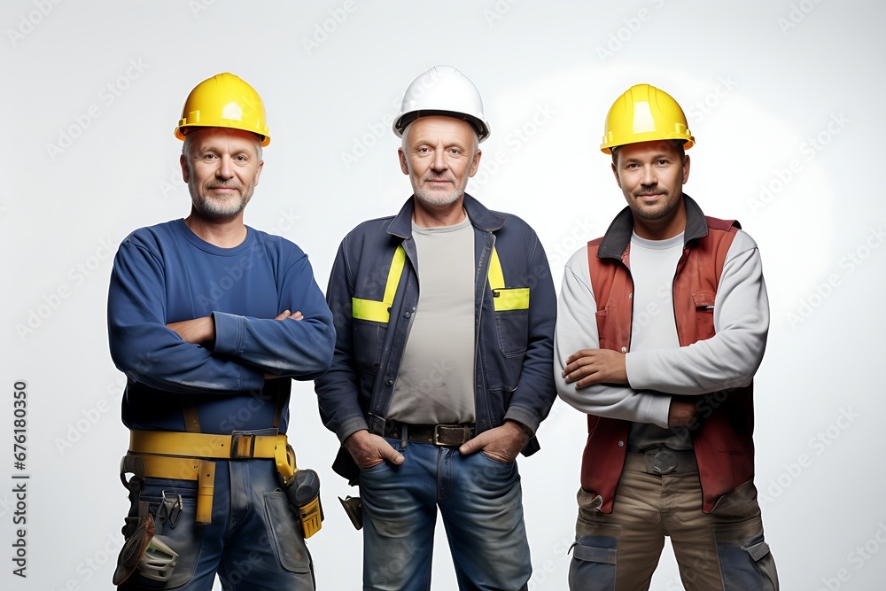 A crew of skilled construction workers, adorned in yellow helmets and equipped with tools, stands confidently with crossed arms against a white background. A crew of skilled construction workers, adorned in yellow helmets and equipped with tools, stands confidently with crossed arms against a white background.