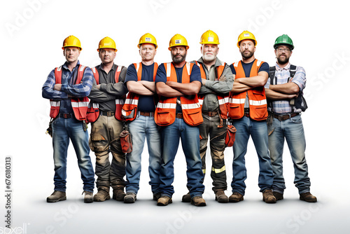 A crew of skilled construction workers, adorned in yellow helmets and equipped with tools, stands confidently with crossed arms against a white background.