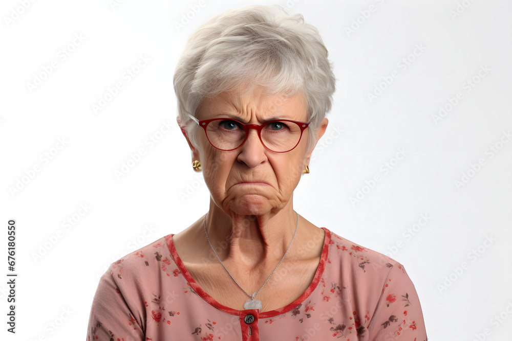 scowl senior Caucasian woman, head and shoulders portrait on white background. Neural network generated image. Not based on any actual person or scene. scowl senior Caucasian woman, head and shoulders portrait on white background. Neural network generated image. Not based on any actual person or scene.